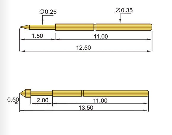 맞춤형 크기 금도금 스프링 테스트 프로브, 0.50암페어 전류 정격 및 50mΩ 최대 접촉 저항
